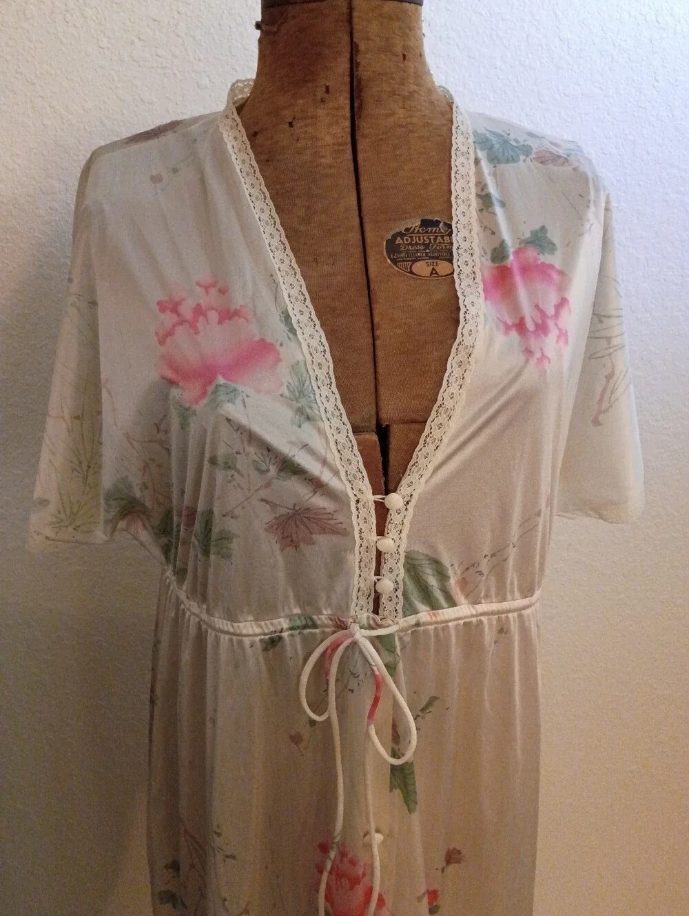 Vintage Floral Ivory & Pink Maxi Nightgown with Drawstring Waist